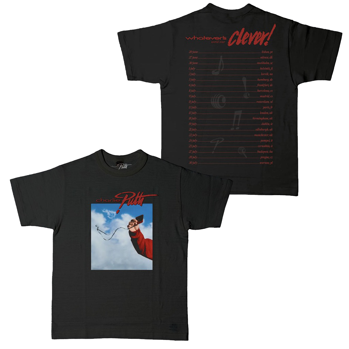Black t-shirt with Charlie Puth logo in red and graphic of Charlie's arm holding a cassette tape in the clouds on the front and Whatever's Clever! 2026 tour dates in red text with music note symbols in gray on the back
