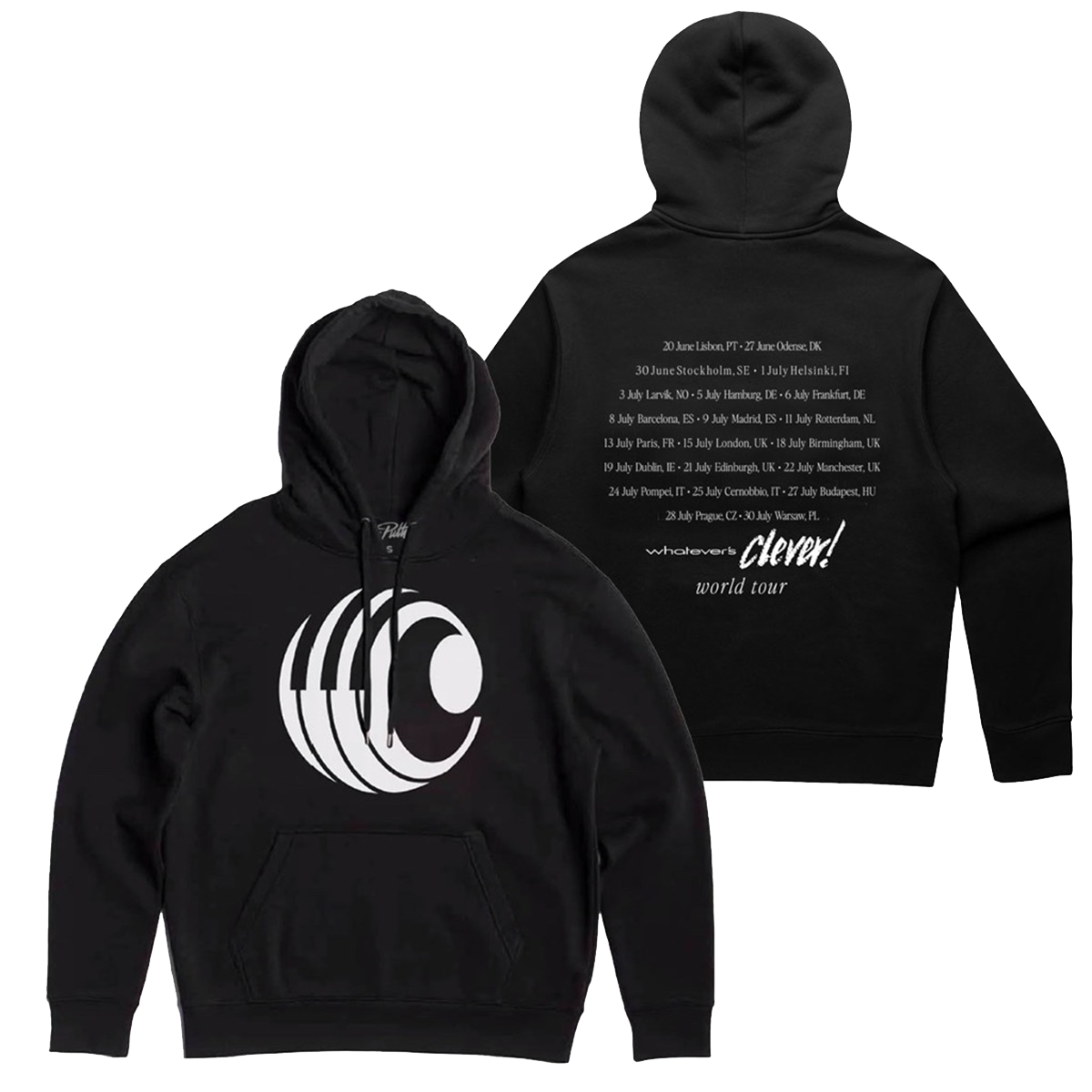 Black hoodie with Charlie Puth piano logo on the front and 2026 tour dates on the back