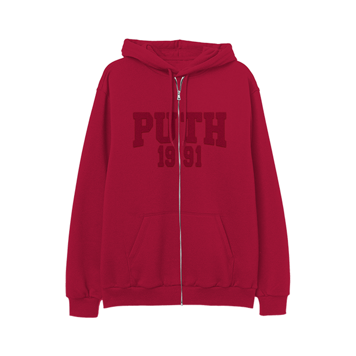 Red zip up hoodie with PUTH 1991 text 