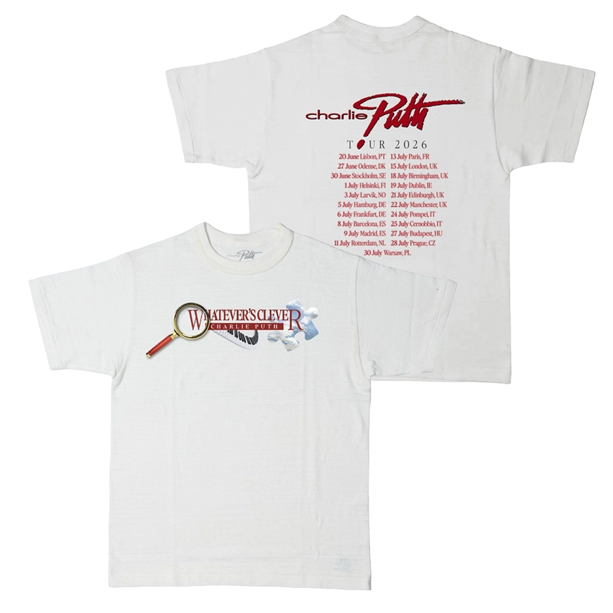 White t-shirt with Whatever's Clever Charlie Puth text and magnifying glass design on the front and 2026 tour dates in red text on the back