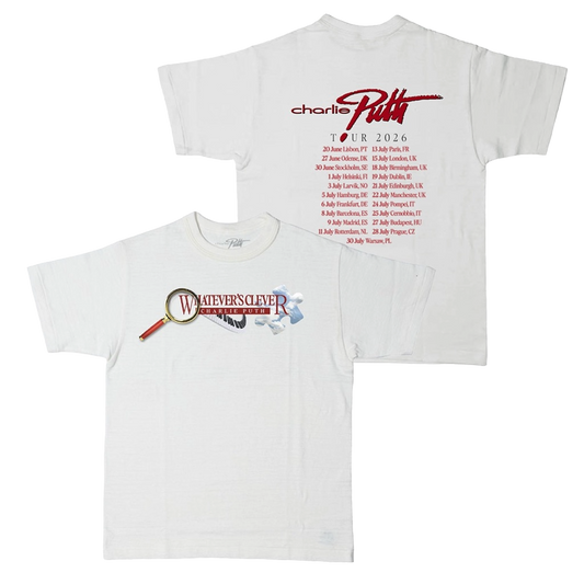 White t-shirt with Whatever's Clever Charlie Puth text and magnifying glass design on the front and 2026 tour dates in red text on the back