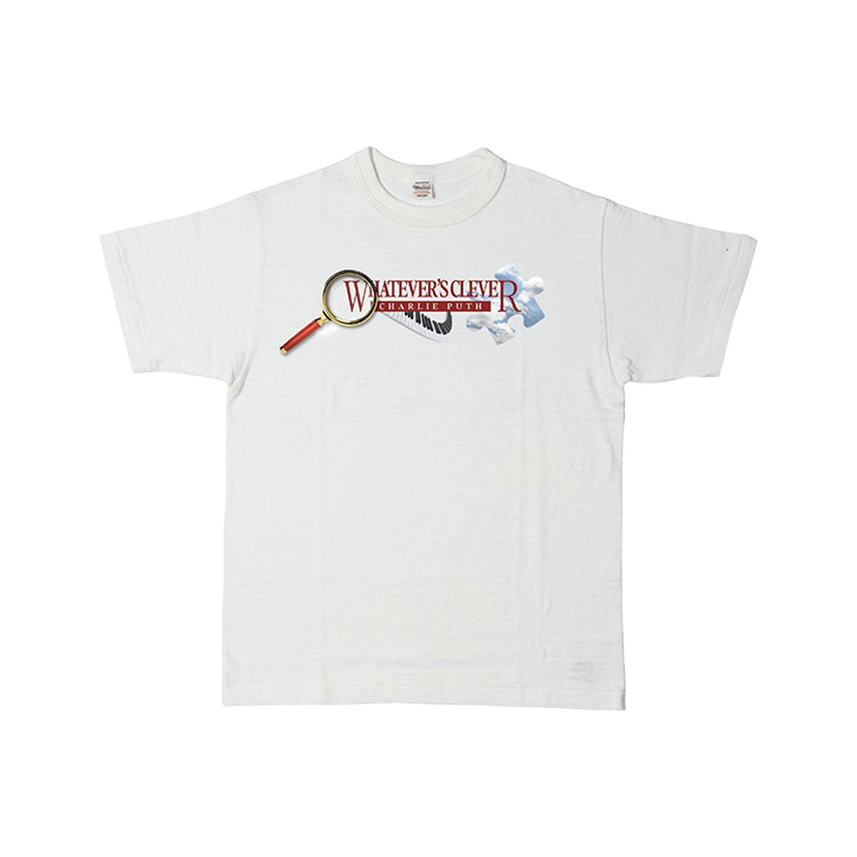 White t-shirt with Whatever's Clever Charlie Puth text and magnifying glass design 
