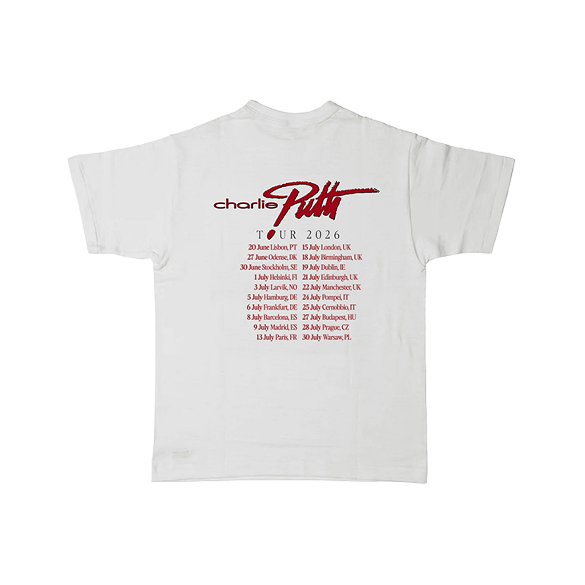 White t-shirt with Charlie Puth 2026 tour dates in red text 